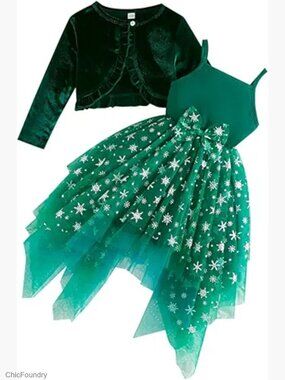 Girls Velvet Party Dress with Cardigan Set Tulle Layered Snowflake Dress